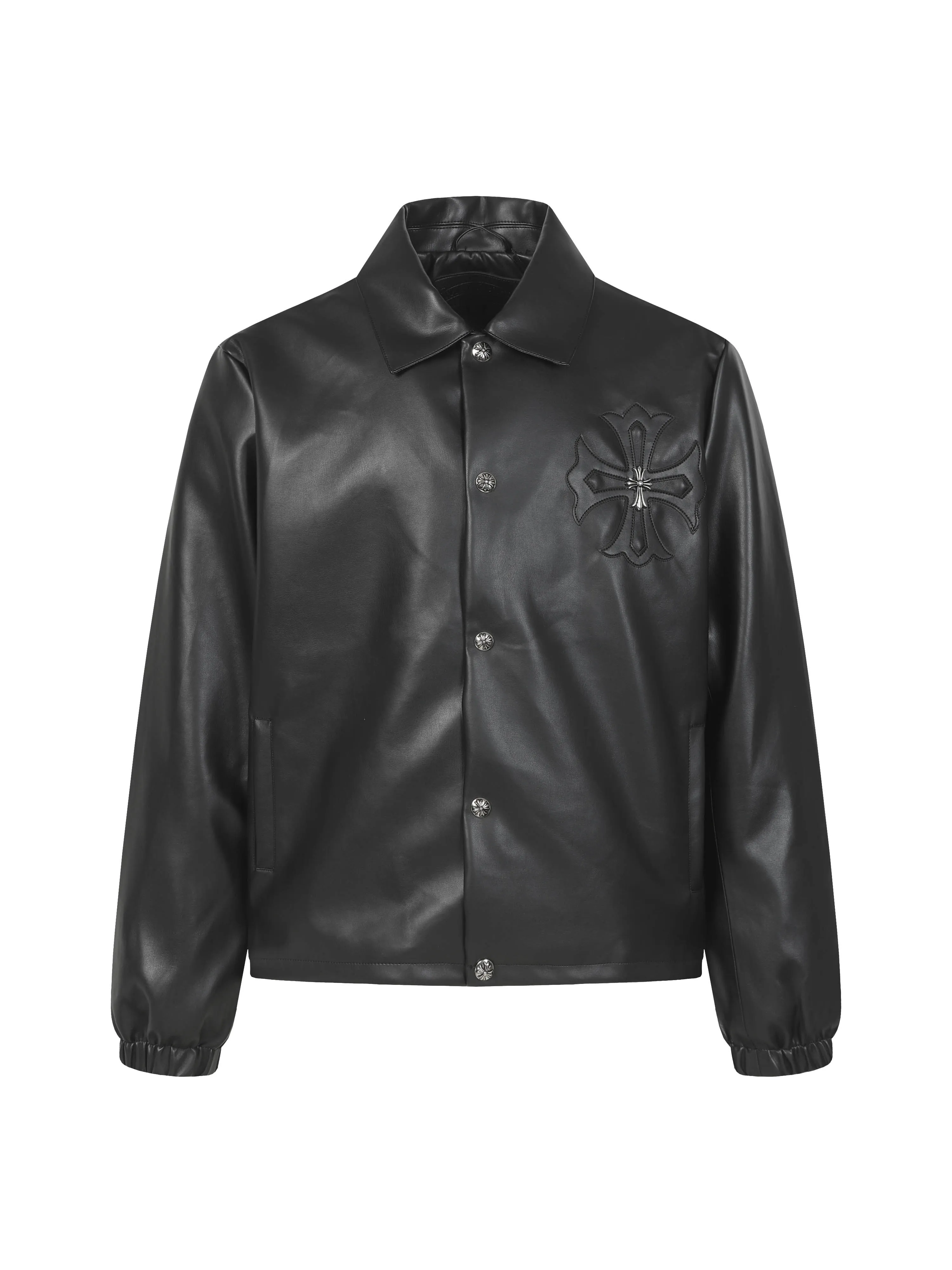 P530 Chrome Heart*/Chrome Heart Hardware Cross Leather Snap Button Jacket Originally purchased for 84,300, the fabric is made of black pebbled two-layer cowhide, customized silk jacquard logo lining, embroidery is processed by TAJIMA machine, patch embroidery technology, imported template machine shape on the back, customized genuine leather trademark, customized genuine leather size, customized 5.8cm metal logo mark, customized 18mm four-button buckle, customized 18mm two-button button, a full set of three-label accessories, exclusively produced.  Size：S/M/L/XL